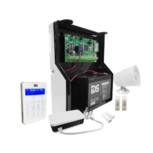 X64 Serial base kit, white touch LCD keypad, siren, psu, batt, mags, panics